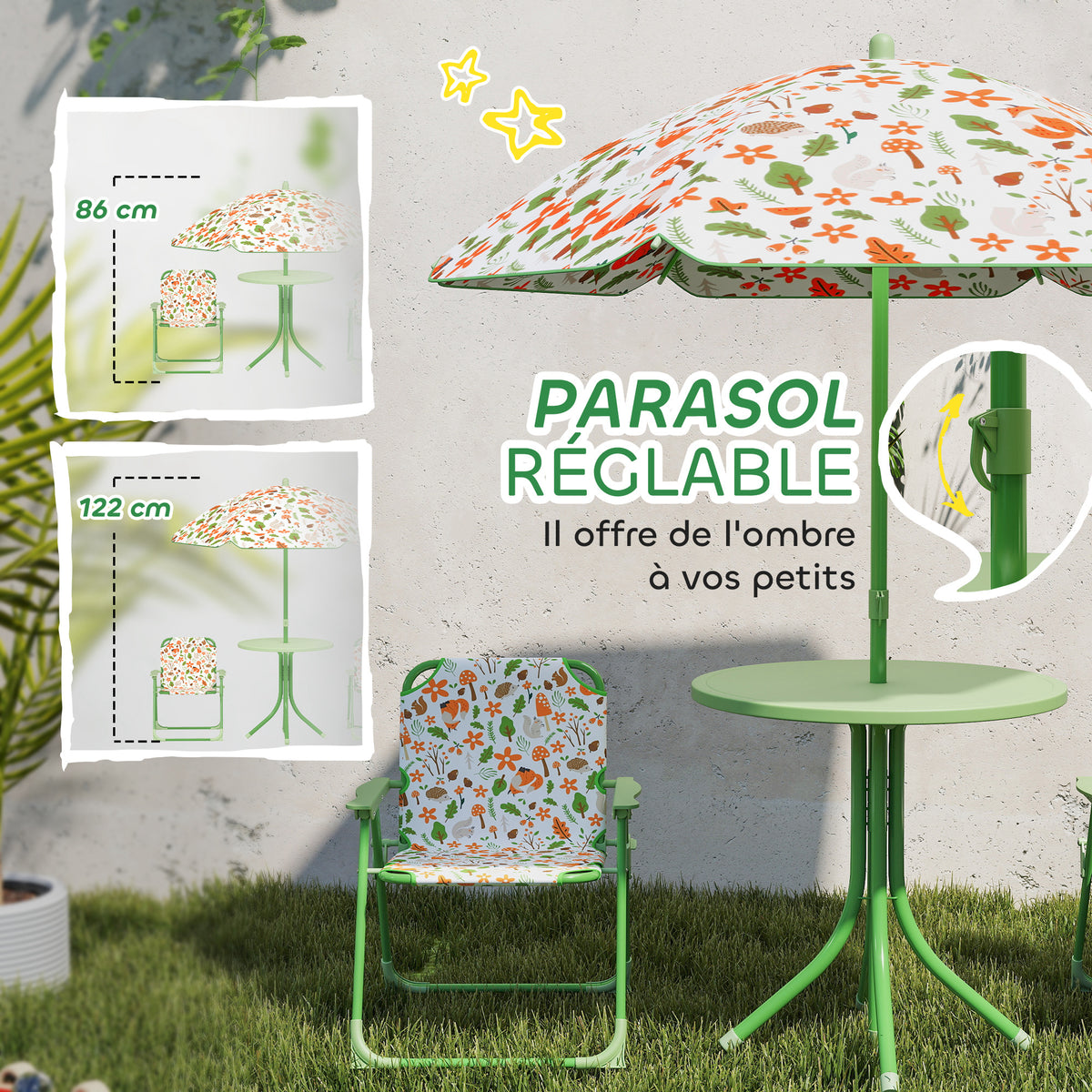 Ensemble salon de jardin extérieur enfant 4 pièces, motif éléphant et girafe, parasol réglable Ø 100 cm, chaise pliable-4