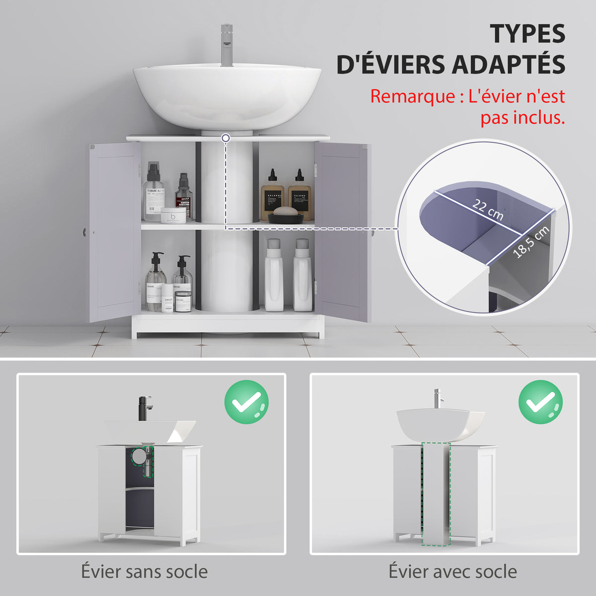 Meuble salle de bain sous lavabo - meuble sous-vasque - placard 2 portes avec étagère - dim. 60L x 30l x 60H cm - en bois gris blanc-3