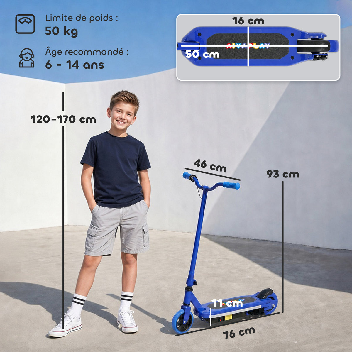 Trottinette électrique pour enfants 6-14 ans, vitesse maximale 10 km/h, lumières LED colorées, frein électrique, bleu-2