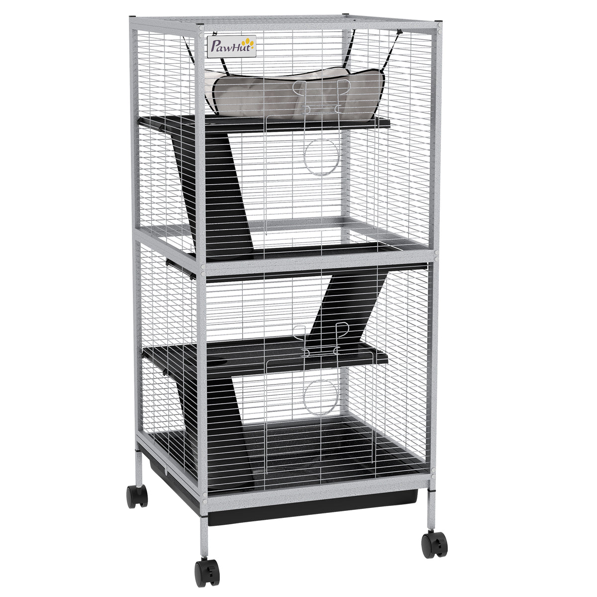 Cage pour Petits Animaux Portable à 4 Niveaux avec Roulettes, 2 Portes, 3 Rampes, Hamac et Plateau Amovible-0
