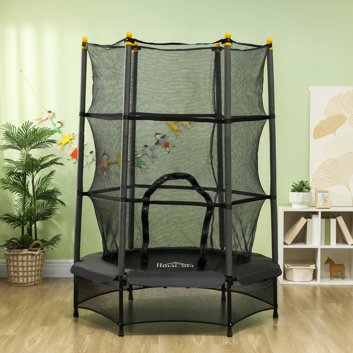 Trampoline Enfant Ø 1,40 × 1,90H m Filet de sécurité Porte zipée Couvre-Ressorts 6 poteaux rembourrés Inclus Noir-1