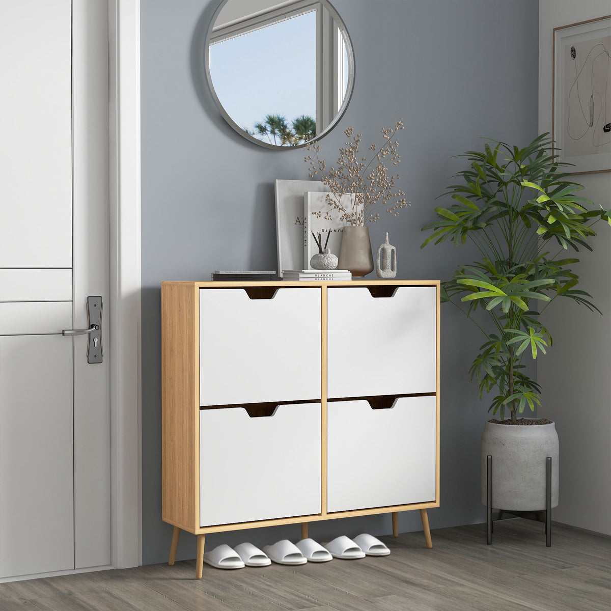 Meuble à chaussures 4 abattants 16 paires avec étagère réglable pieds en bois de pin 95 x 26 x 95 cm naturel-1