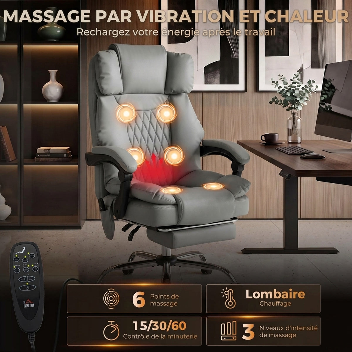 Fauteuil de Bureau Massant Vibrant et Chauffant, Chaise Bureau Ergonomique en PU, Dossier Inclinable, Appuie-Tête, Gris-3