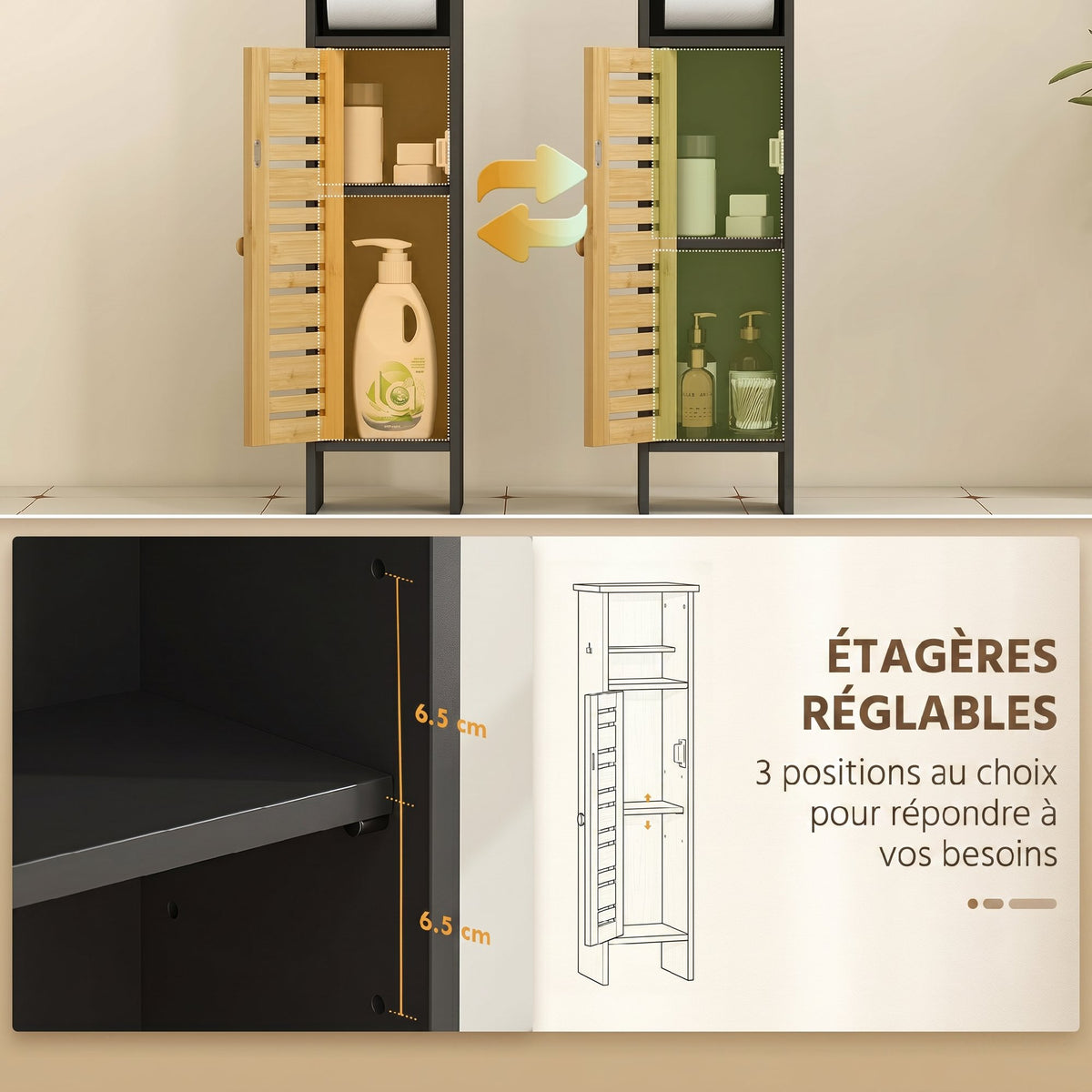 Meuble de salle de bain avec support papier toilette barre amovible 3 Niveaux + Sortie Papier, 78H cm, Bambou noir-4