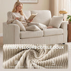 Canapé 2 Places en Velours Côtelé, Canapé de Salon 144 cm avec Assise Large Rembourrée, 2 Oreillers, Beige-4
