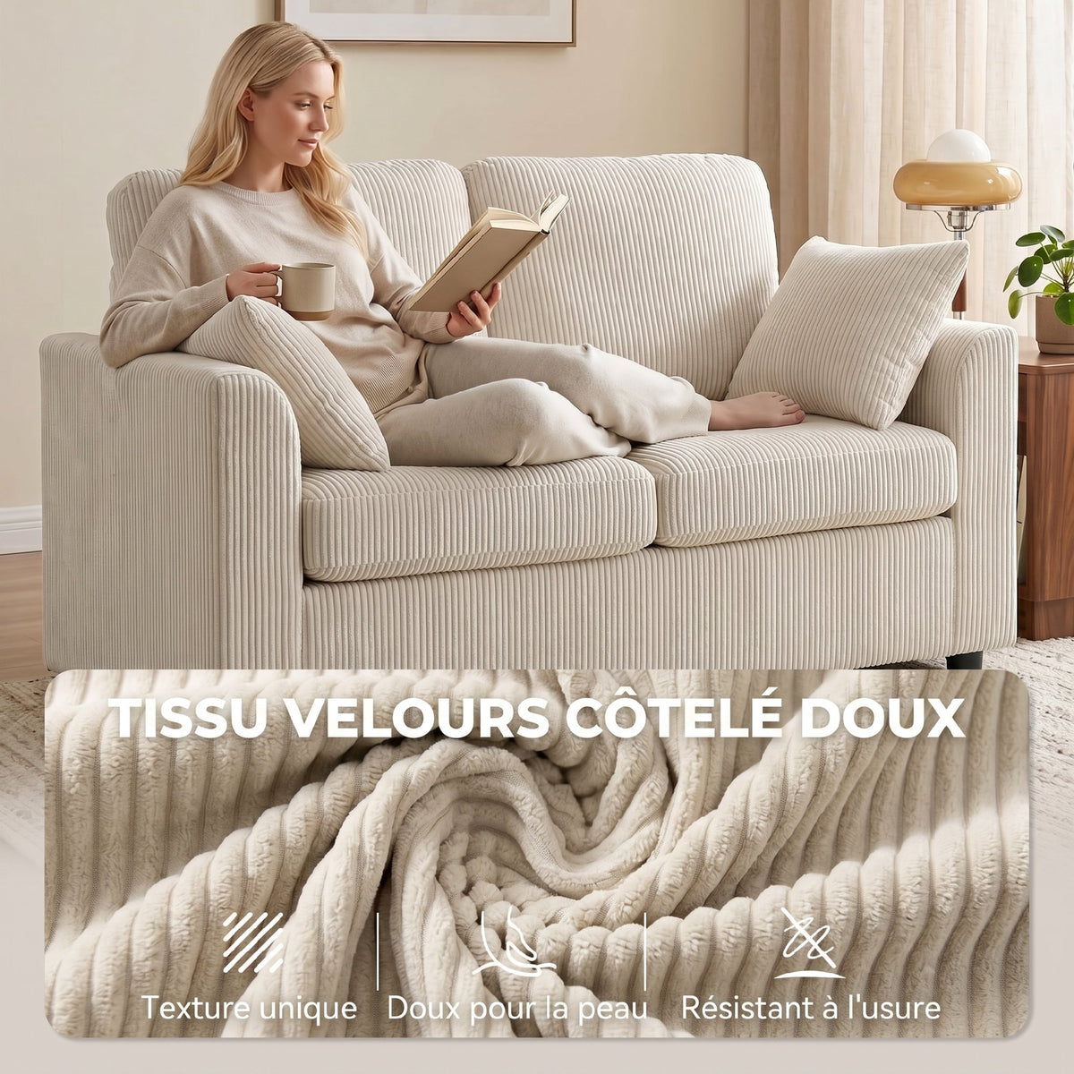 Canapé 2 Places en Velours Côtelé, Canapé de Salon 144 cm avec Assise Large Rembourrée, 2 Oreillers, Beige-4