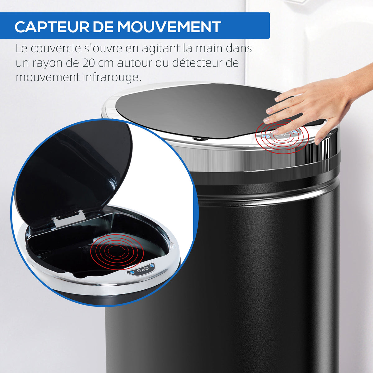 Poubelle automatique 42L, poubelle de cuisine acier galvanisé à capteur de mouvement et bac interne amovible, noir-4