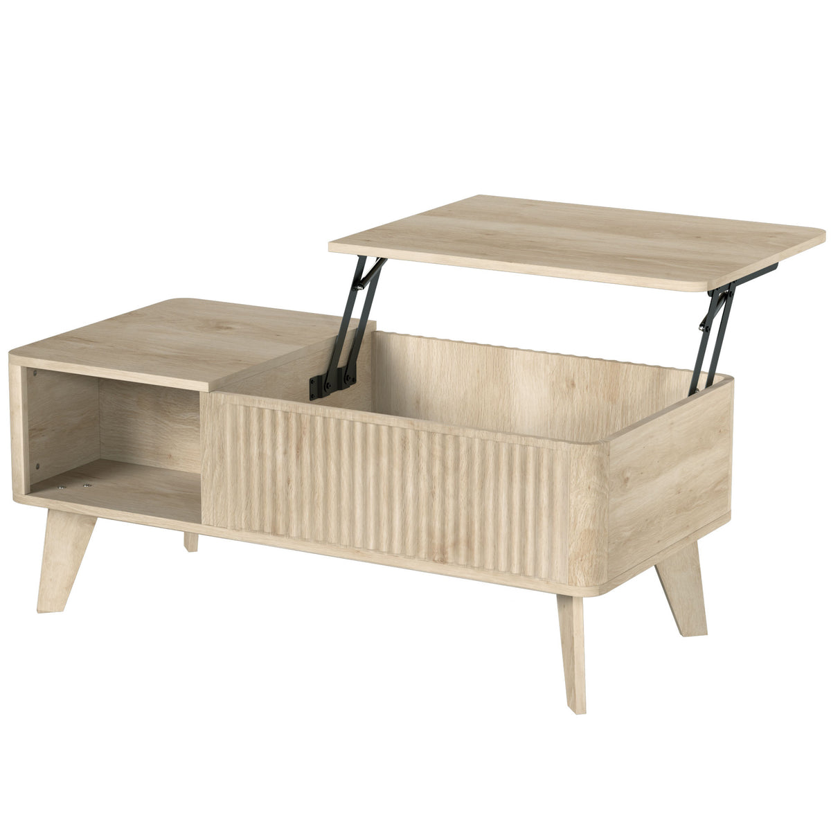 Table Basse Relevable, Compartiment Caché, 2 Étagères Ouvertes, Coins Arrondis, Style Mid-Century, 100x48x41cm, Chêne-0