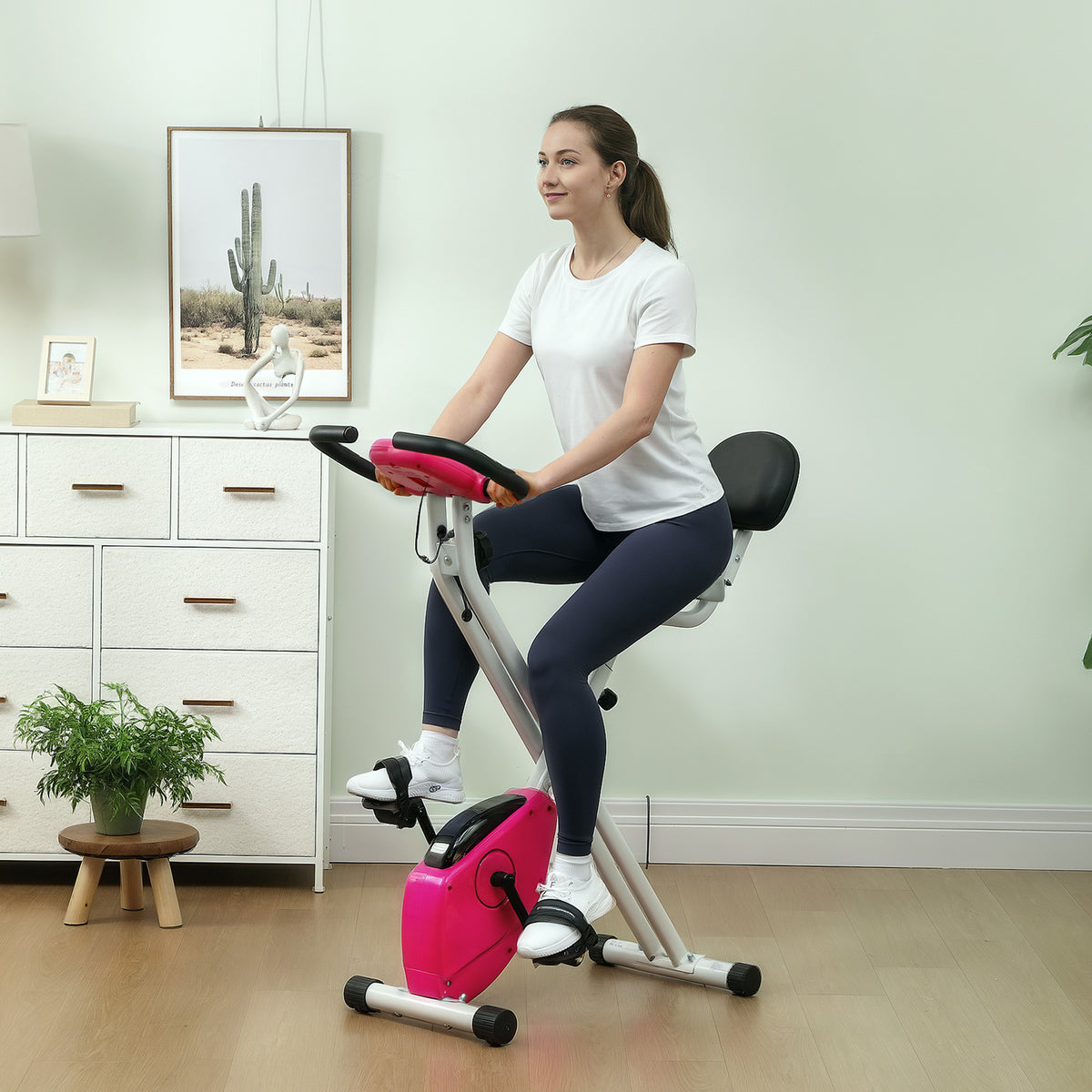 Vélo d'appartement pliable - Collaboration .fr x FFHandball - 8 niveaux de résistance, dossier selle réglable, rose-1