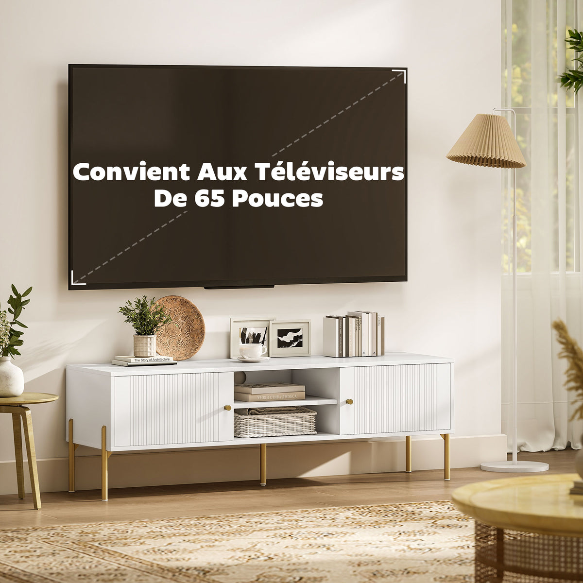 Meuble TV, meuble télé jusqu'à 65 pouces avec 2 portes, 2 compartiments ouverts, pieds en acier, 140x38x45,9cm, blanc-5