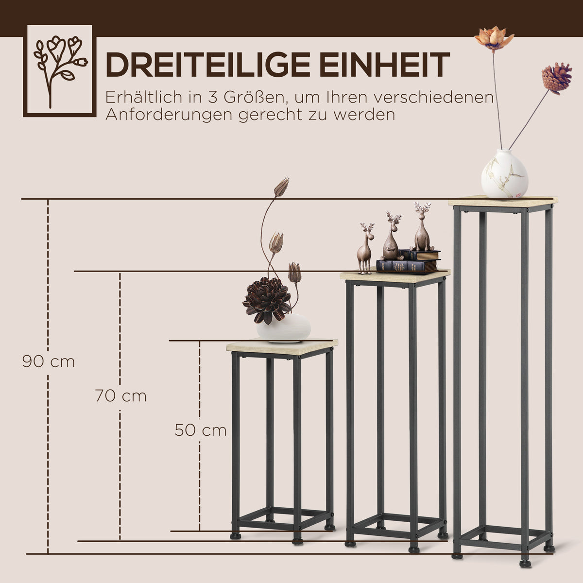 Lot de 3 supports pot de fleurs porte-plantes carrées empilables - 21 x 21 x 50/70/90 cm - acier-3
