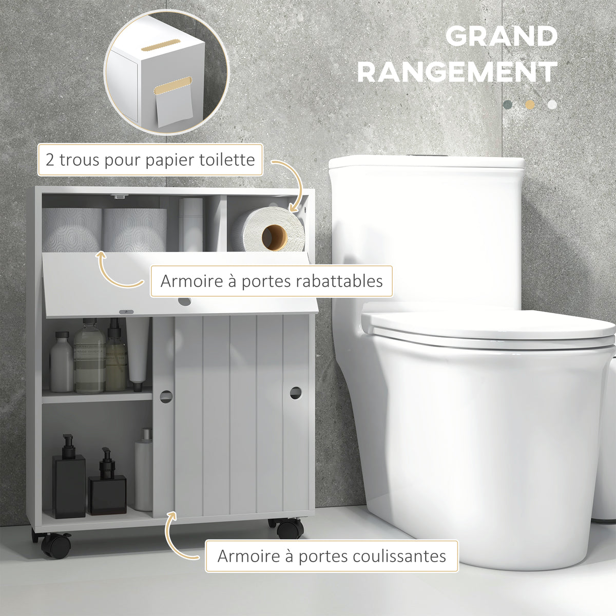 Meuble de rangement toilette salle de bain avec rangement papier toilette sur roulettes - 52 x 17 x 67 cm blanc-3
