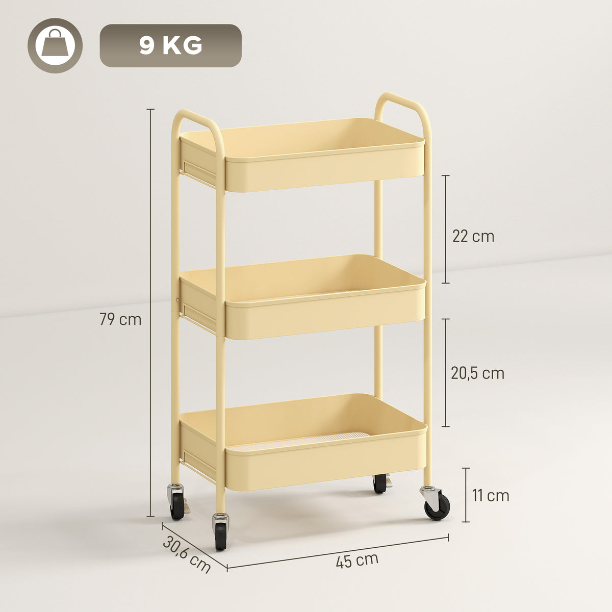 Desserte, Chariot de Rangement en Acier, Chariot de Service à Roulettes, 3 Plateaux Ajourés, 45 x 30,6 x 79 cm, Jaune-2