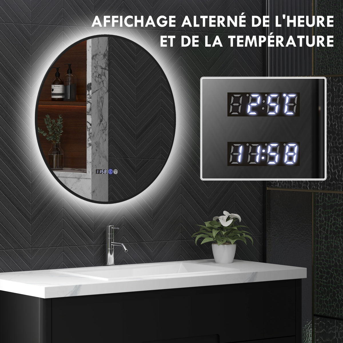 Miroir de salle de bain rond avec éclairage LED, intensité variable, fonction anti-buée, interrupteur tactile, noir-5