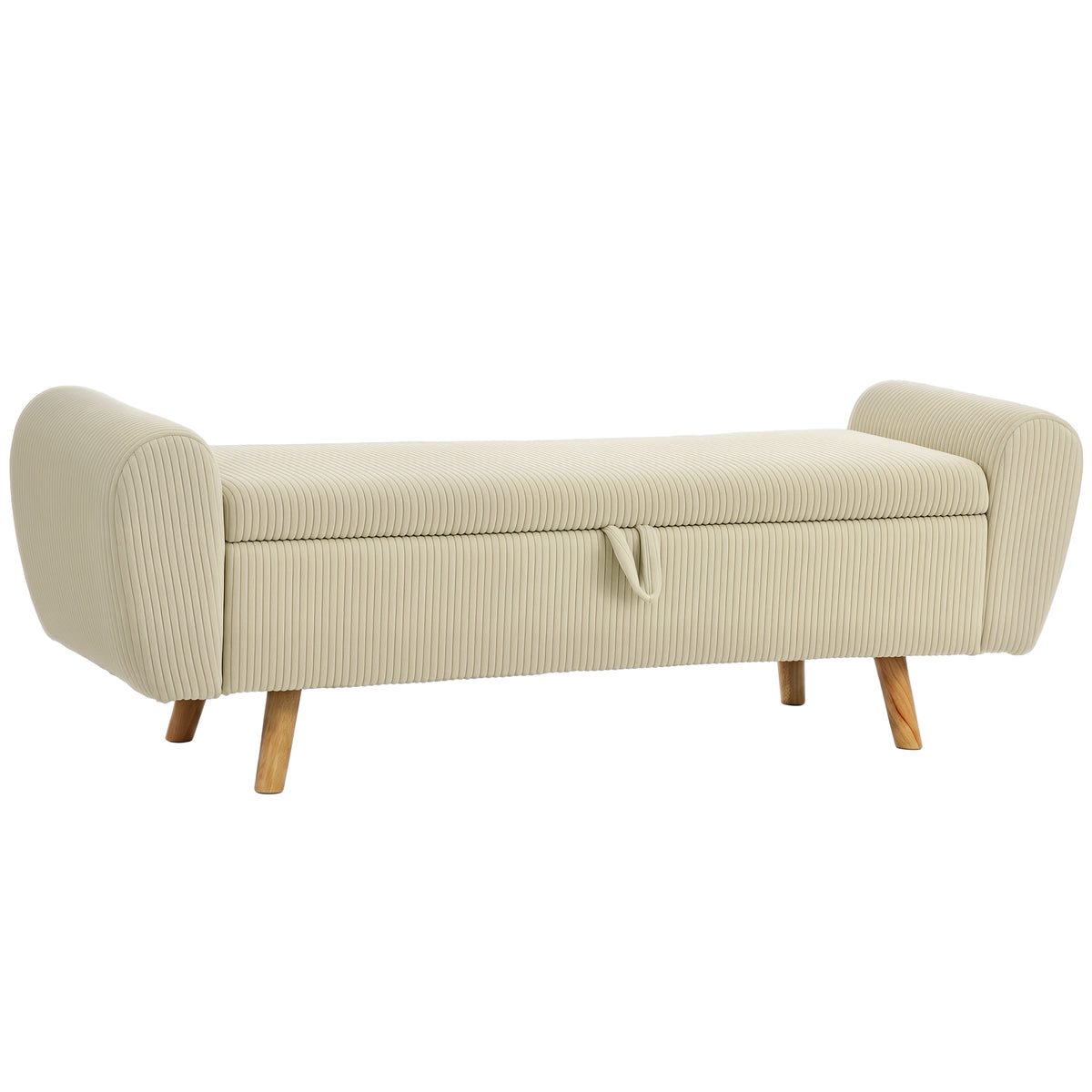 Banc de rangement 73 L, coffre de rangement rembourré en velours côtelé avec accoudoirs et pieds en bois d'hévéa, beige-0