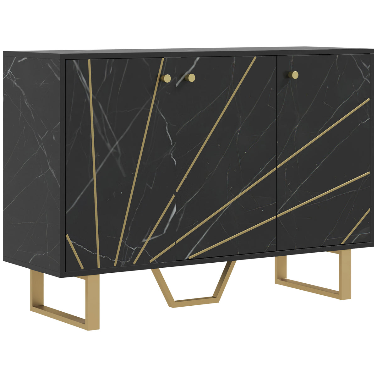 Meuble de rangement buffet salon avec 2 placards 3 portes et étagère réglable, pieds en métal, aspect marbre noir-0