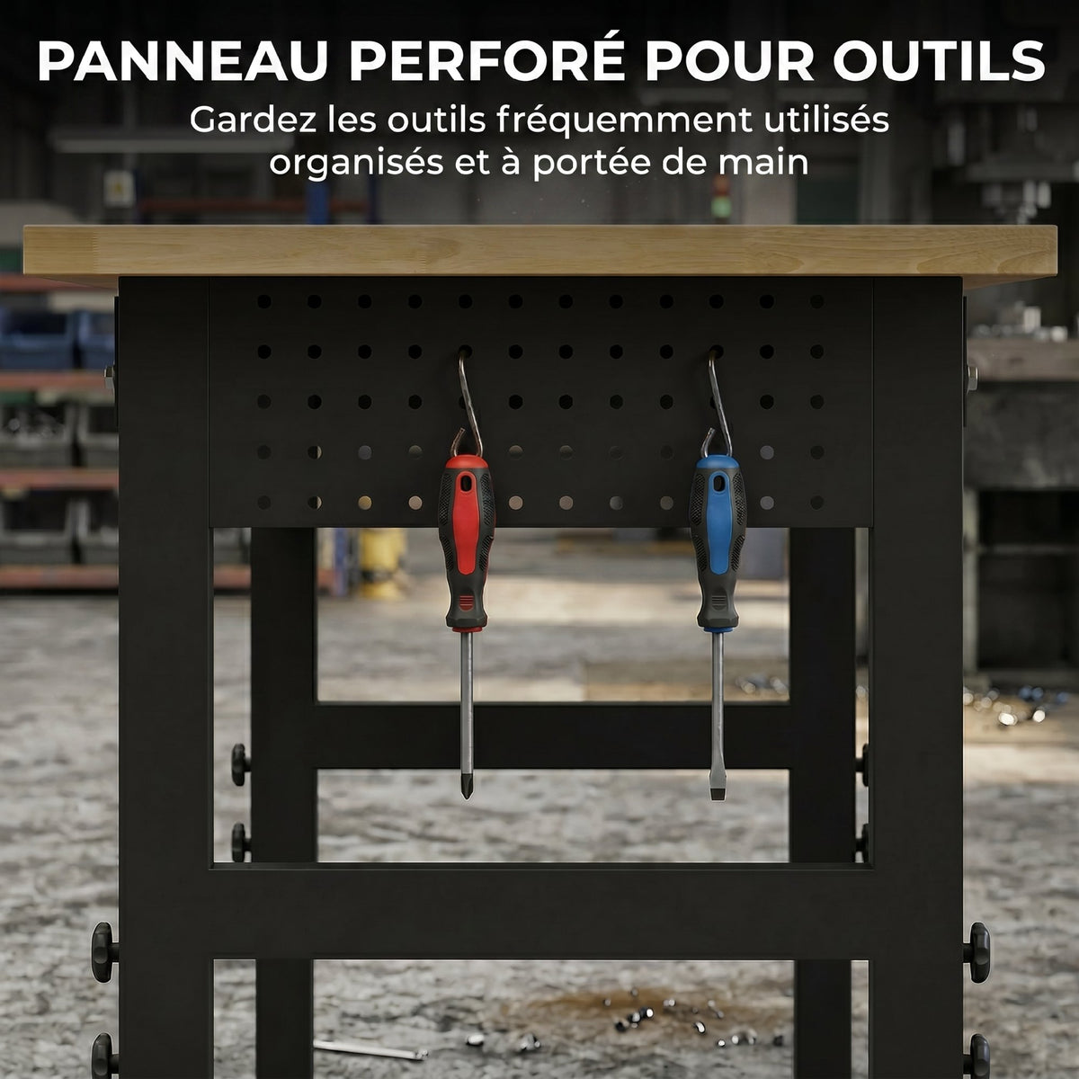 Établi d'Atelier Réglable, 121,9x50,8x79-99cm, Charge 900 kg, 2 Prises et 2 Ports USB, Panneau Perforé, Noir-6