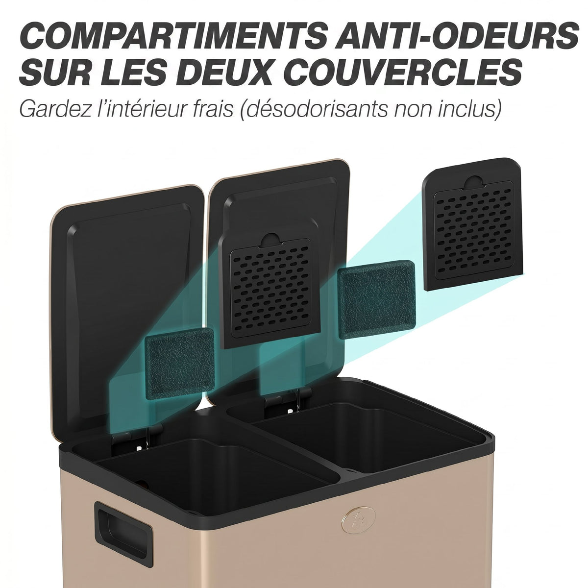 Poubelle de cuisine 2 compartiments de 2 x 28L, acier inoxydable, couvercle à fermeture douce, 45,8x36x67,6cm, or-4