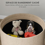 Pouf rond repose-pieds tabouret avec coffre de rangement, plateau réversible, meuble 3 en 1 pied en bois beige-4
