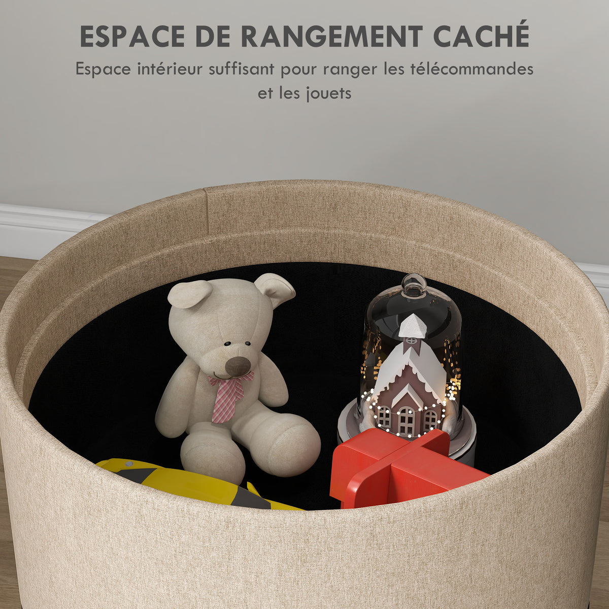 Pouf rond repose-pieds tabouret avec coffre de rangement, plateau réversible, meuble 3 en 1 pied en bois beige-4