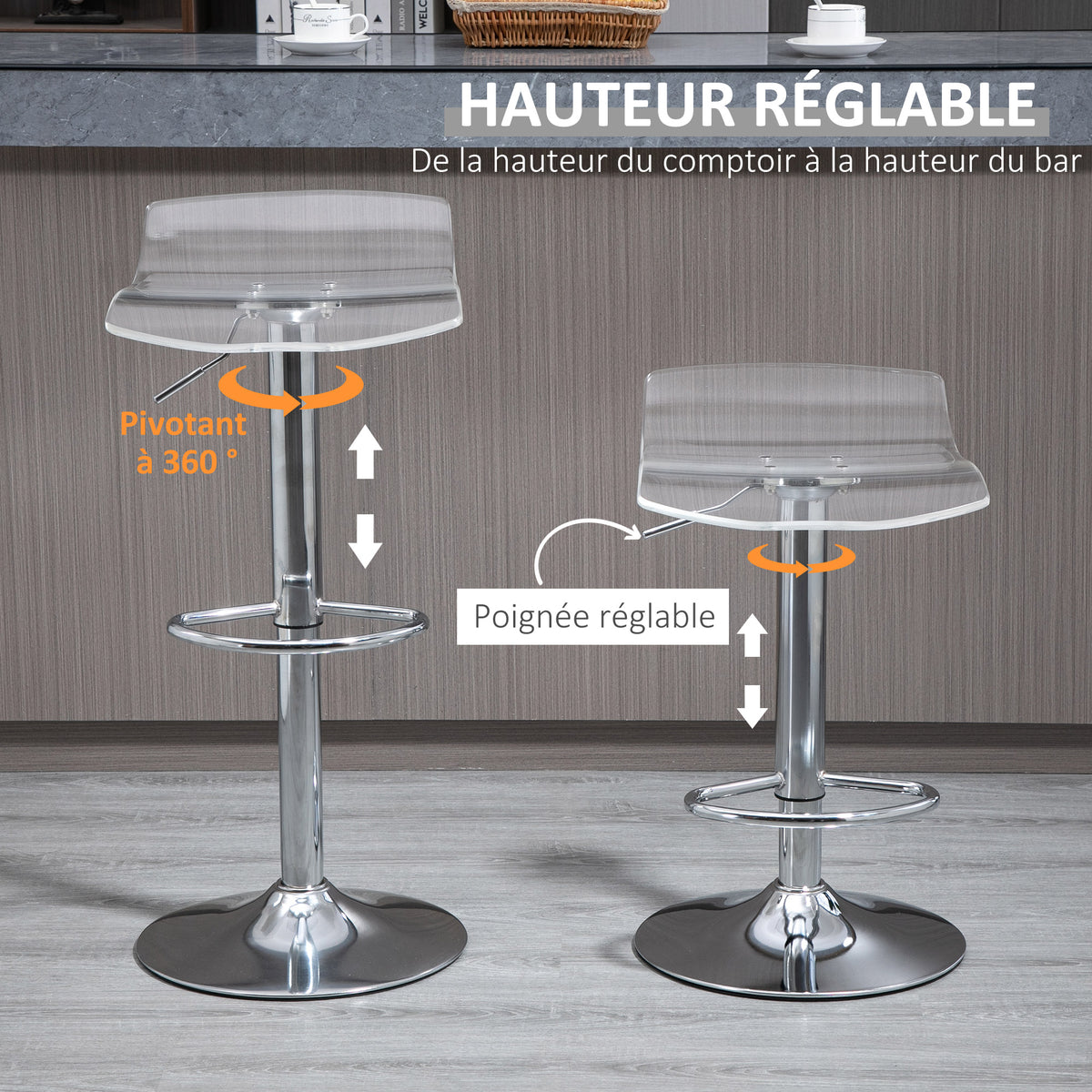 Lot 2 tabourets bar design contemporain assise acrylique piètement métal - pivotant repose-pieds - transparent-4