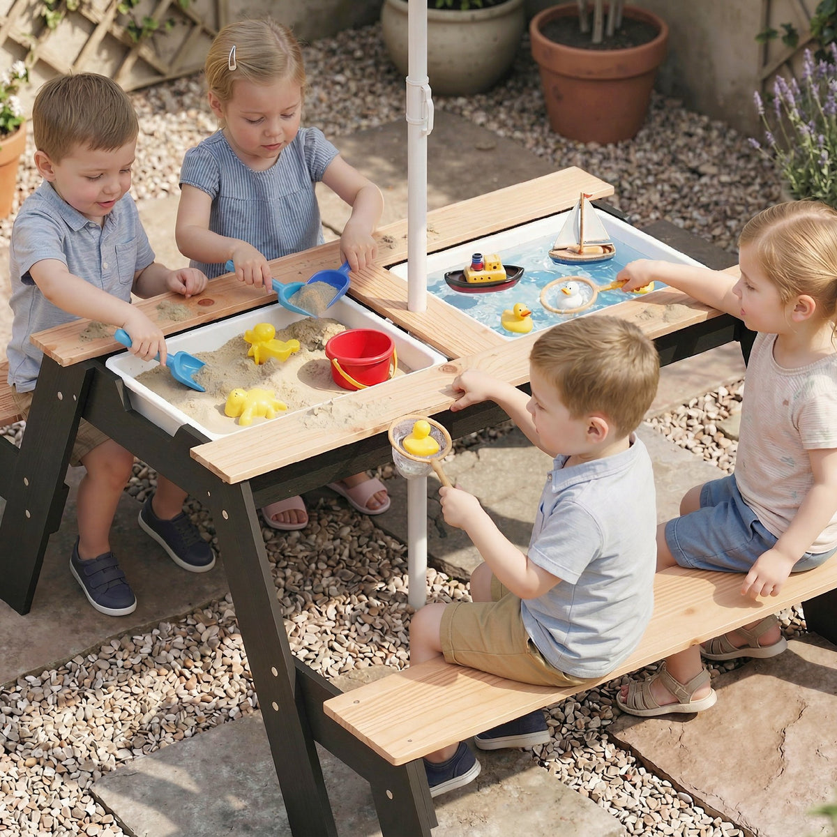 Table de pique-nique enfants avec parasol, 3 en 1 salon de jardin en bois pour enfants 3-6 ans avec 2 boîtes, naturel-8