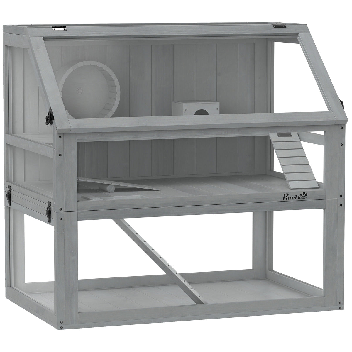 Cage Hamster Rongeur à 3 Niveaux, Base Amovible Profonde, Cabane, Balançoire, 80x50x76cm Gris Clair-0