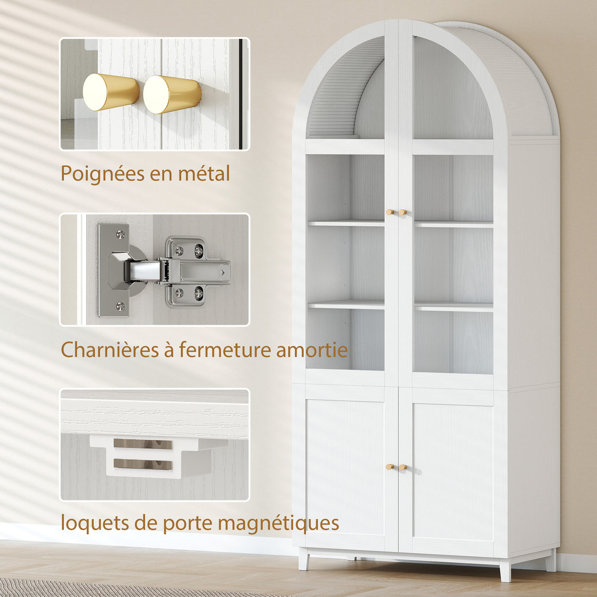 Armoire de cuisine, vaisselier vitrine avec 4 portes dont 2 en acrylique et étagères réglables, 78 x 40 x 180 cm, blanc-6