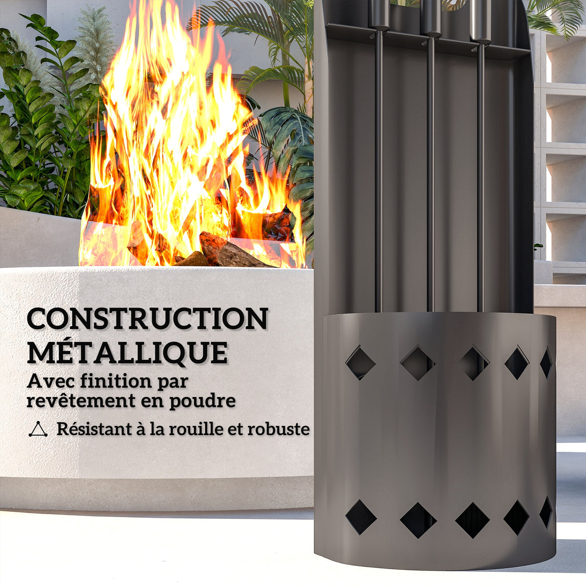 Ensemble serviteur de cheminée 4 pièces, accessoire outils cheminee avec balai pelle tisonnier et support, en métal noir-4