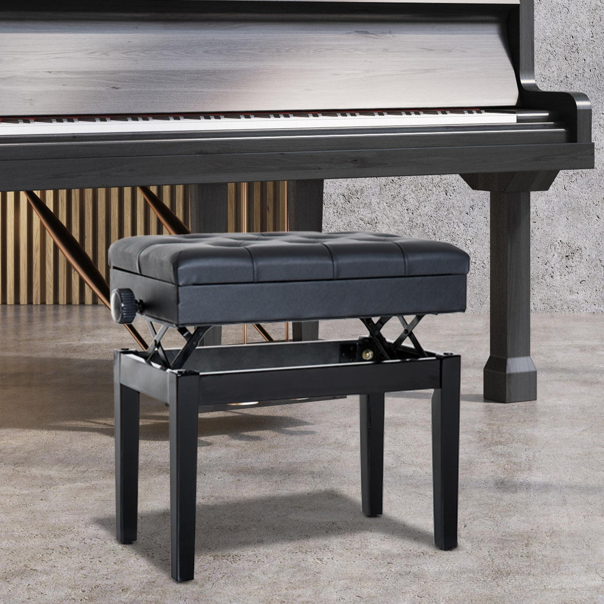 Banc piano, clavier haut. réglable bois massif, tabouret compartiment caché, siège rembourré charge 200kg, noir-1