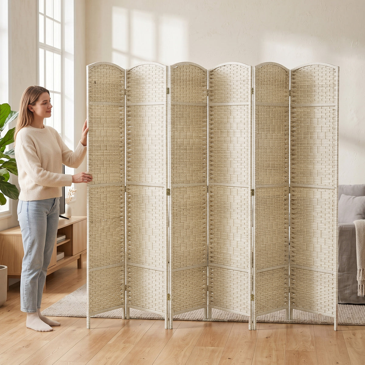 Paravent intérieur en bois 6 panneaux séparateur de pièce pliable pour salon chambre 270 x 180 cm Chêne-4