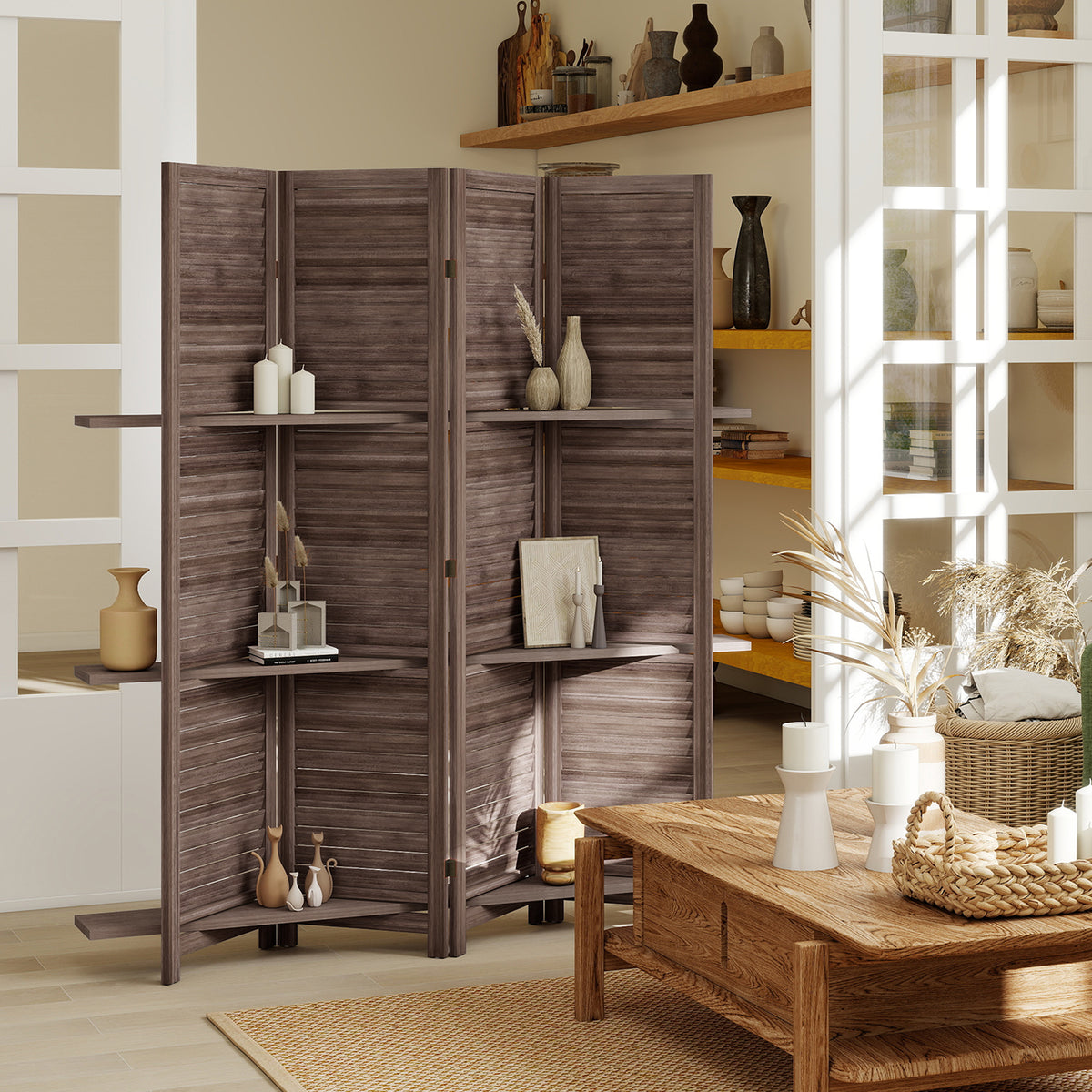 Paravent intérieur en bois 4 panneaux 160 x 170 cm, séparateur de pièce pliable avec 3 étagères, noyer-1