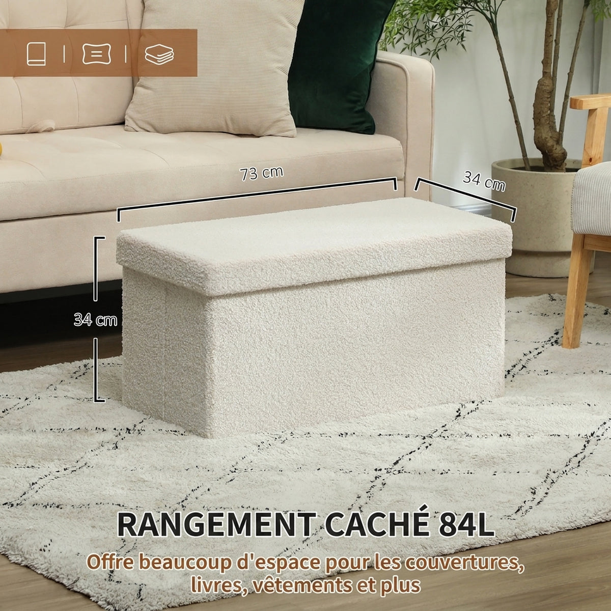 Banc de Rangement 84 L, Pouf Pliable Rembourré en Peluche Teddy, Bout de Lit, Charge 120 kg, 76 x 38 x 38 cm, Crème-3