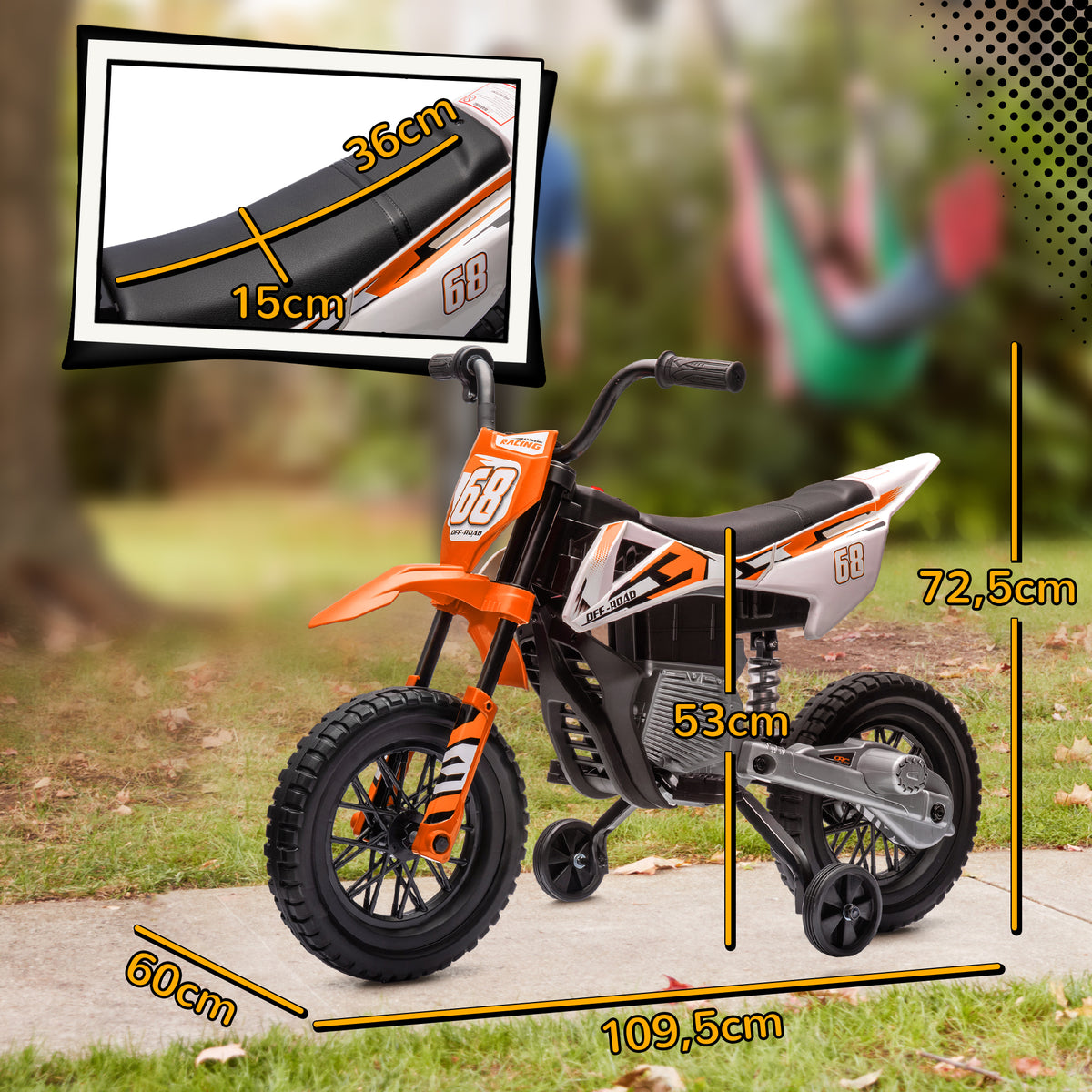 Moto électrique pour enfant moto cross pour enfants de 3 à 6 ans 2 moteurs 12V vitesse 5 km/h 109,5x60x72,5cm orange-2