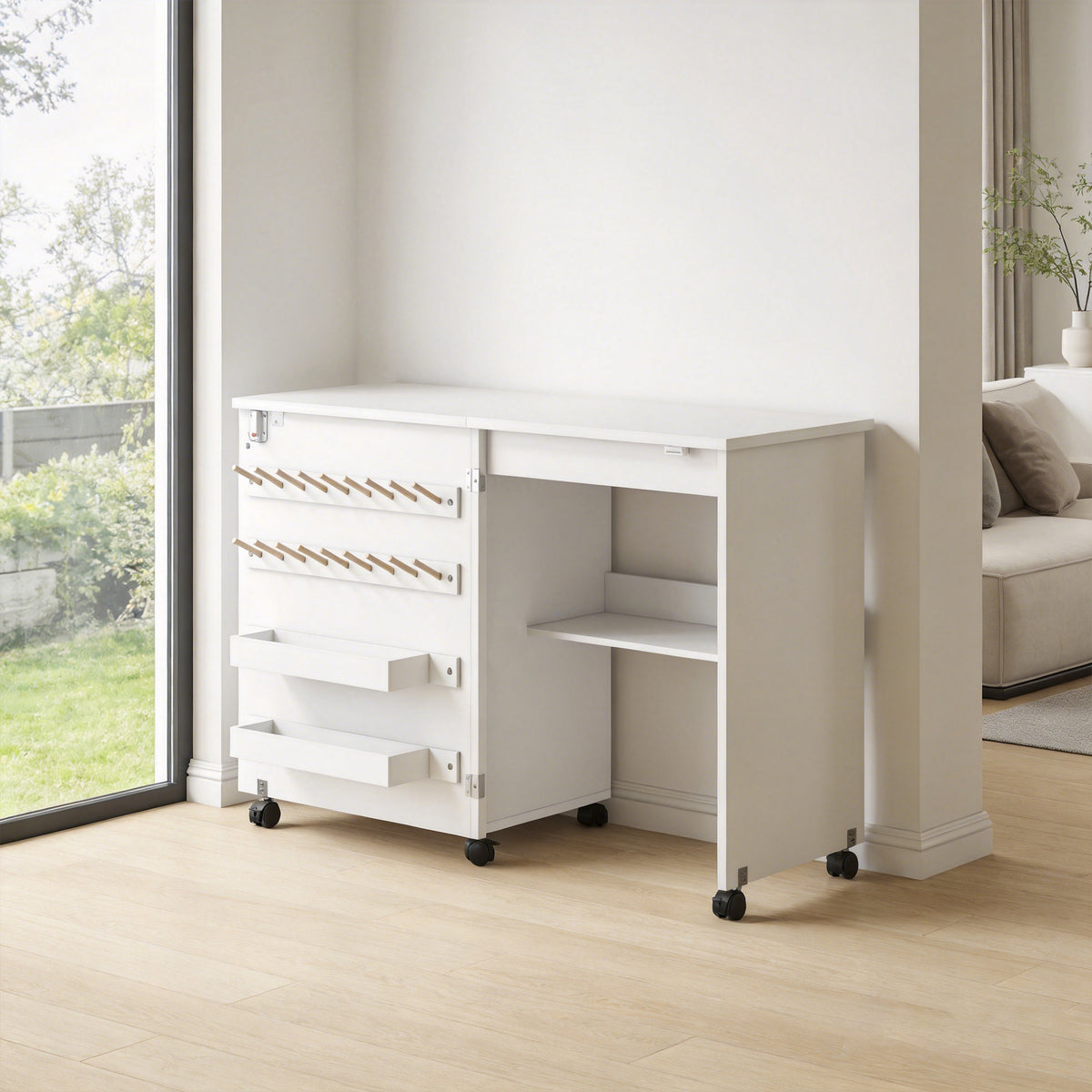 Table de Couture Pliante, Meuble Couture Roulant, Porte Magnétique de Grange, 2 Bacs, Étagère, 18 Chevilles, Blanc-1