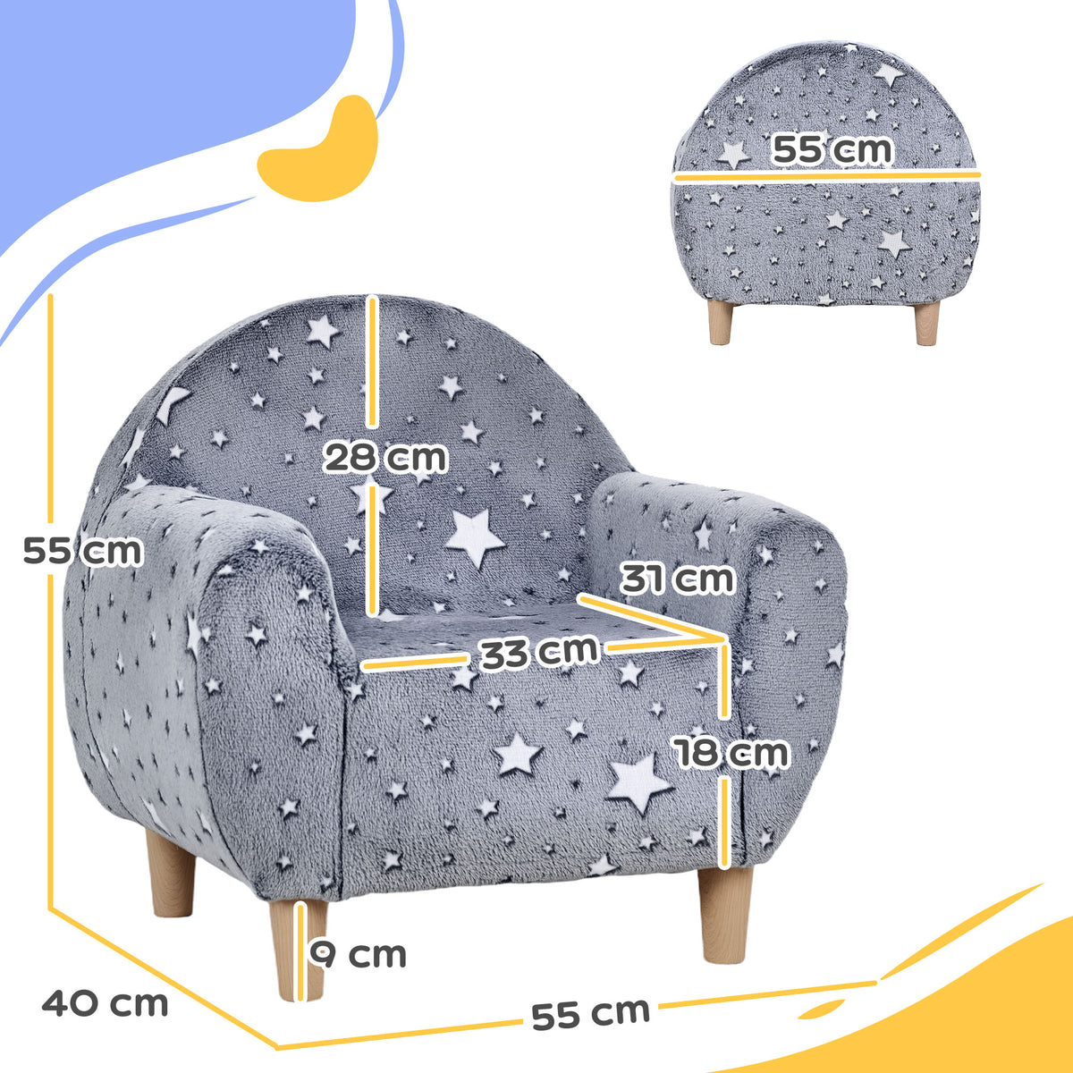 Fauteuil enfants canapé pour enfants hosphorescent avec motif étoilé, tissu velours, pour garçons et filles, gris-2