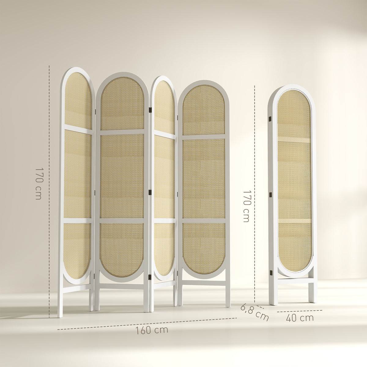 Paravent interieur en bois 4 panneaux 170 x 160 cm pliable et portable, motif tissé à la main, blanc-2