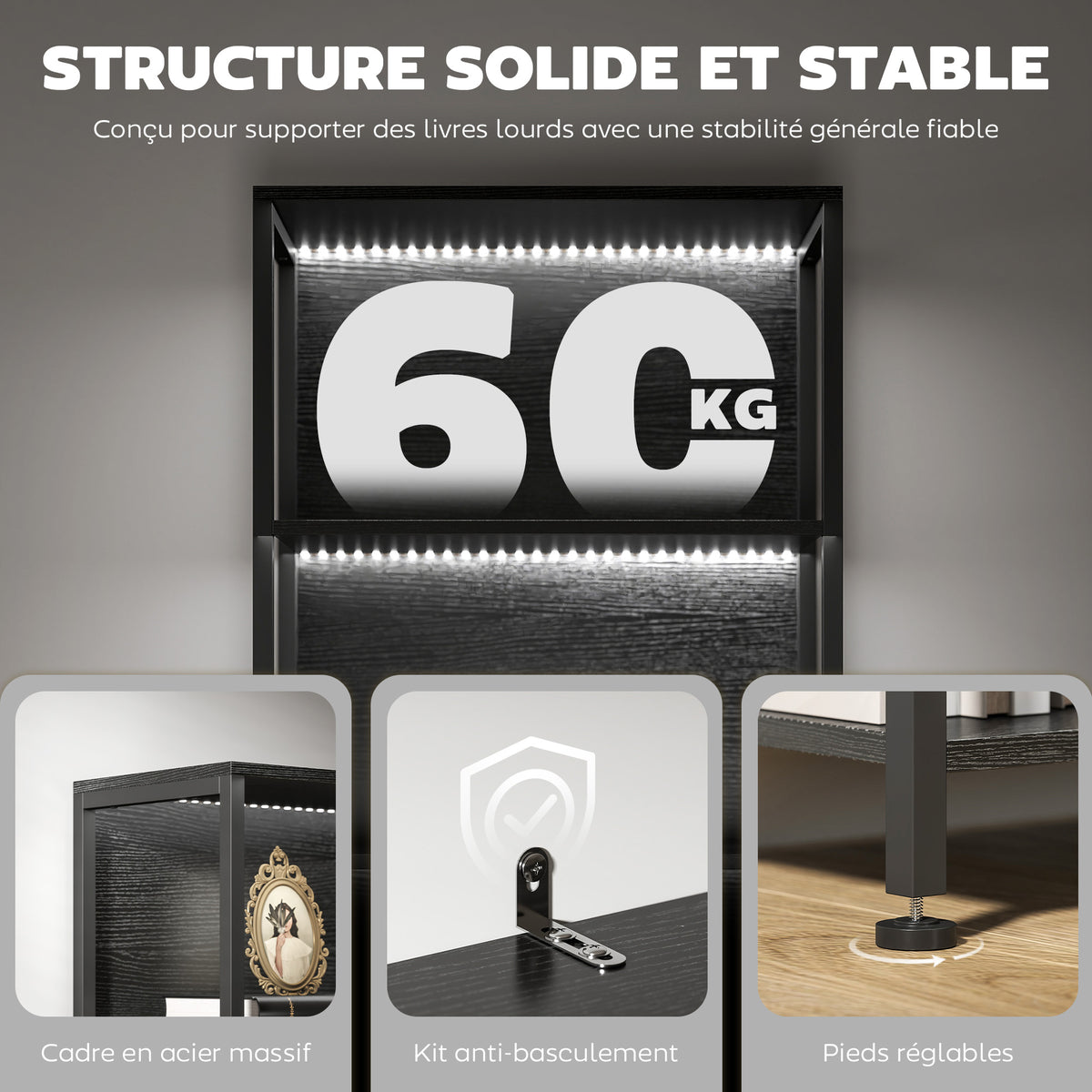 Bibliothèque étagère de rangement à 5 niveaux avec éclairage LED 7 couleurs, structure en acier, 60 x 30 x 179 cm, noir-5