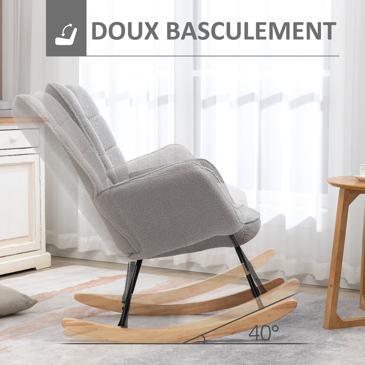 Fauteuil à bascule rocking chair revêtement bouclette structure en acier 71 x 98 x 101 cm Gris clair-3