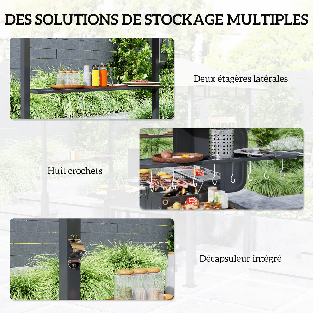 Tonnelle de barbecue à deux niveaux auvent de réception pour jardin avec lumière LED 243 x 148 x 248 cm kaki-4