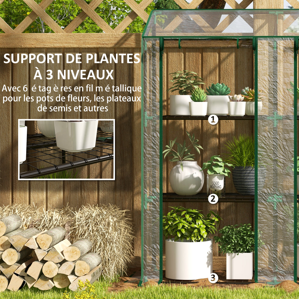 Mini serre de jardin 3 niveaux avec bâche en plastique, 2 portes enroulables, 6 étagères, dim. 143L x 46l x 141/151H cm-4