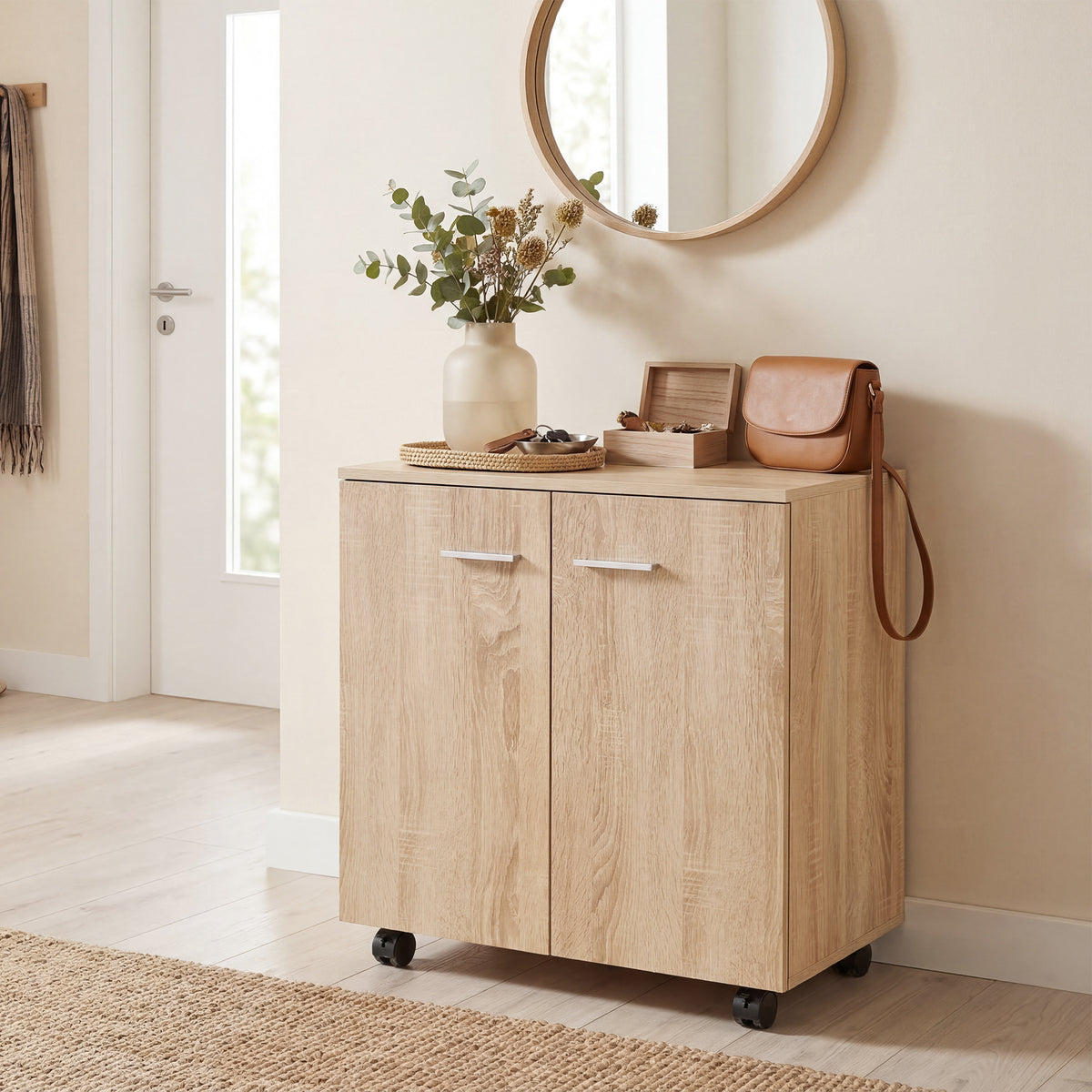 Meuble de Rangement Buffet bas sur roulettes avec 2 Portes étagère Interne 60 x 35 x 65 cm bois naturel-7