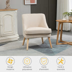 Fauteuil Scandinave Confortable pour Salon et Chambre, Pieds en Bois Massif, Revêtement en Tissu Lin, Beige-5