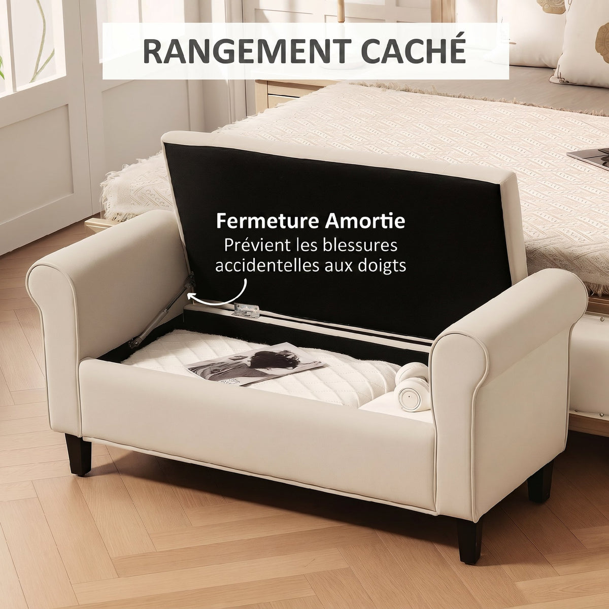 Banc de rangement bout de lit avec accoudoirs, tissu effet velours rembourré et capitonné, 126 x 48,5 x 57 cm, beige-3