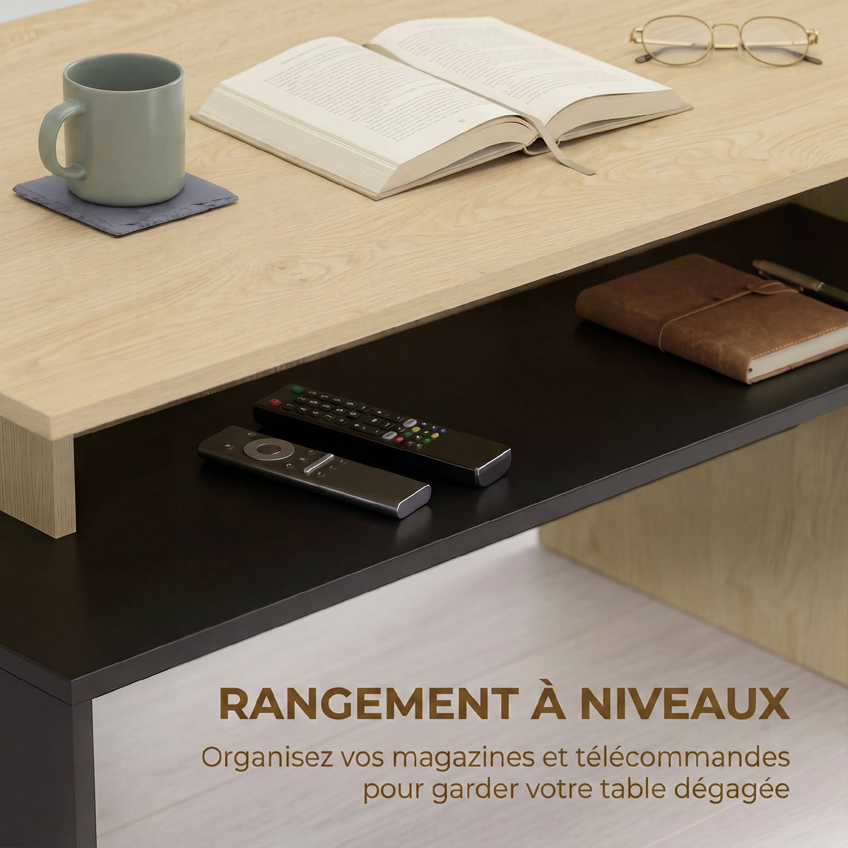 Table Basse Moderne Bicolore à Niveaux Décalés avec Étagère de Rangement, 95 x 55 x 50 cm, Bois Naturel et Noir-4