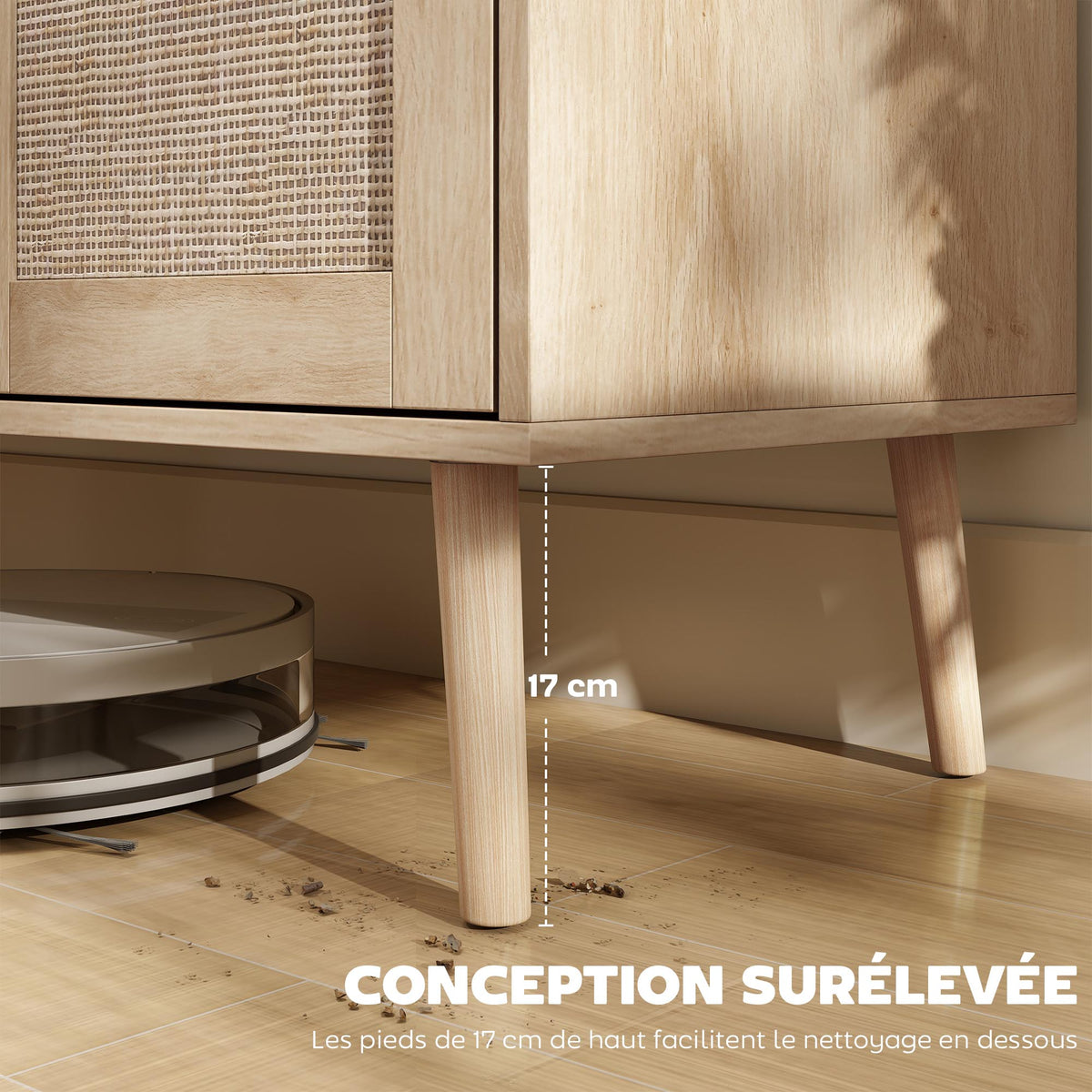 Buffet salon meuble de rangement placards à portes en cannage et étagère réglable 140 x 40 x 75 cm effet bois naturel-6