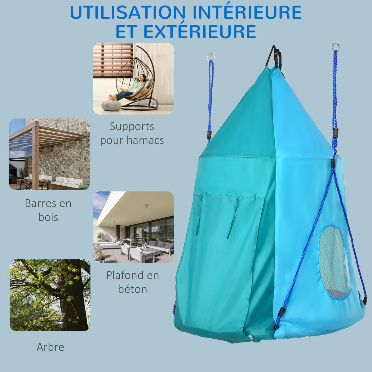 Balançoire nid d'oiseau avec tente amovible Ø 100 cm charge max. 150 Kg corde réglable en hauteur 120 à 180 cm bleu-6