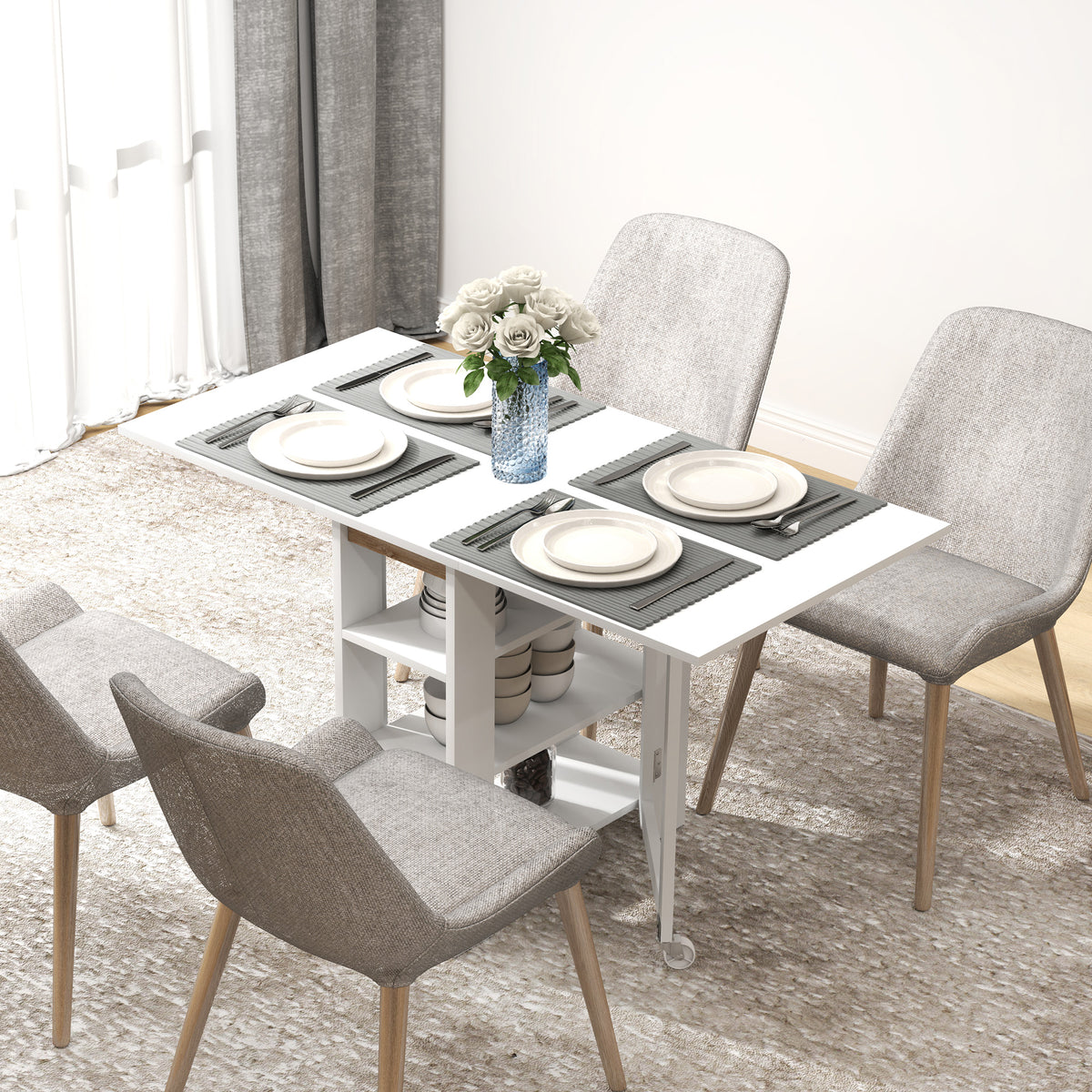 Table à Manger Pliante sur Roulettes, Table de Cuisine pour 2 à 4 Personnes avec Étagères de Rangement, Blanc-1