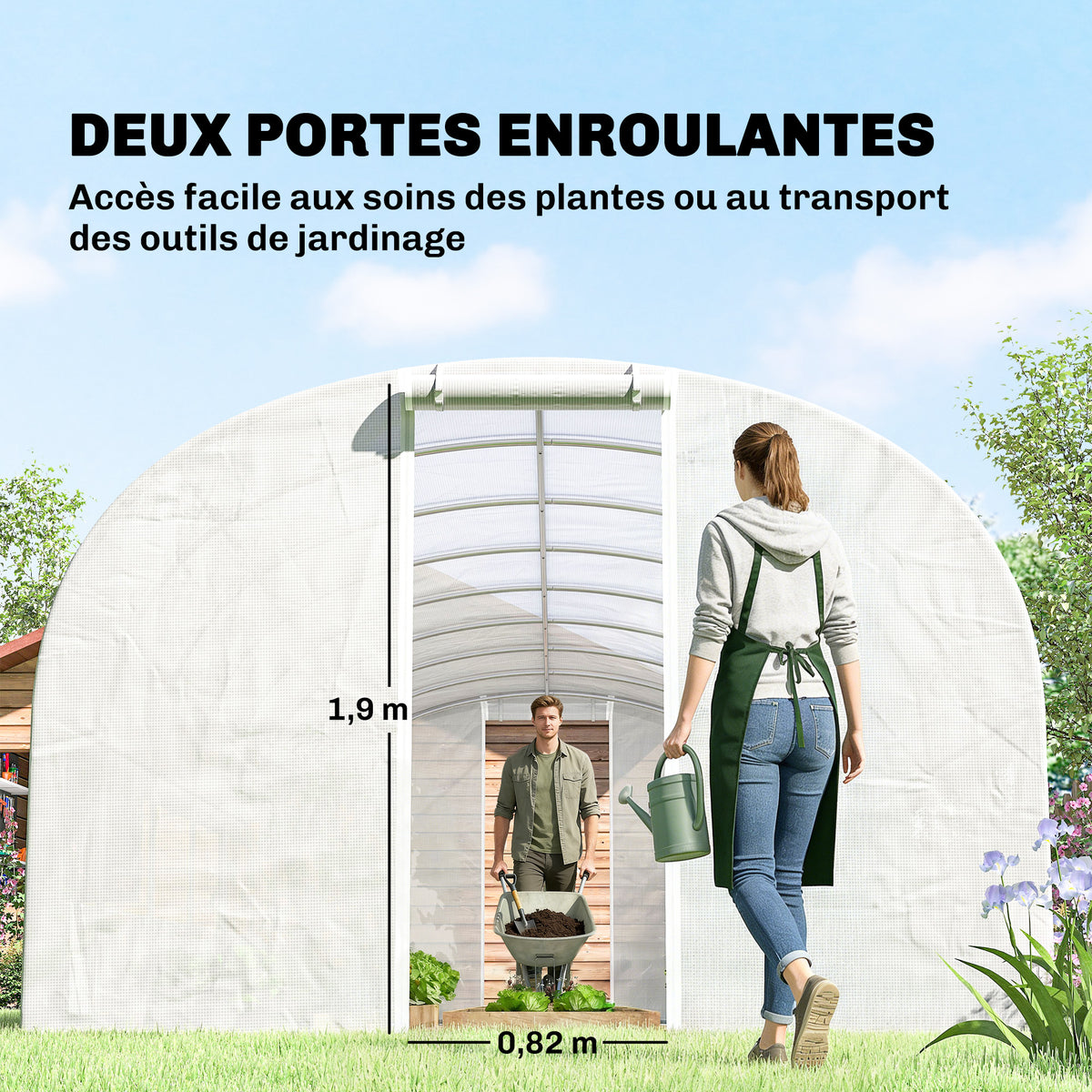 Serre tunnel de jardin 24m², serre de jardin tunnel avec cadre en acier galvanisé, portes et 2 grandes fenêtres, blanc-6