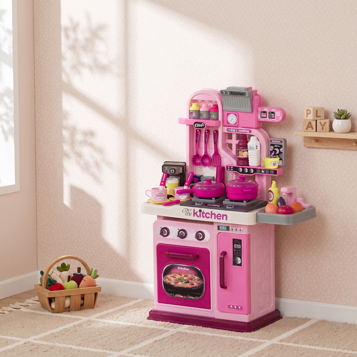 Cuisine enfant accessoires 33 PCS jouet d'imitation pour enfant dinette enfant 3-6 ans lumières et sons réalistes rose-1
